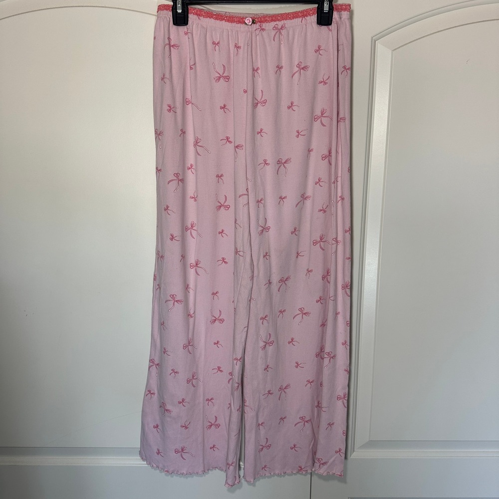 Love Peace Lazy Days Pajama Pants Large Pink Bow Print Ribbed Lace Trim Cotton
